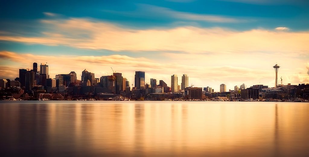 The Seattle skyline at sunset